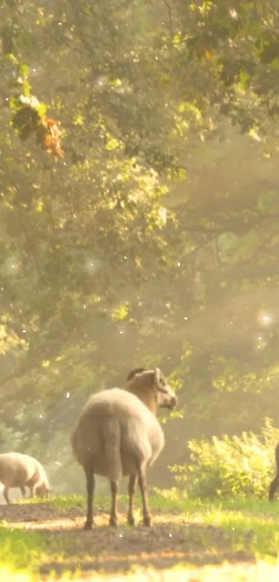 Peaceful sheep in a sunlit forest path.