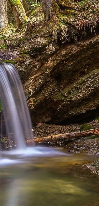 Tranquil waterfall in a lush forest setting, perfect for mobile wallpaper.