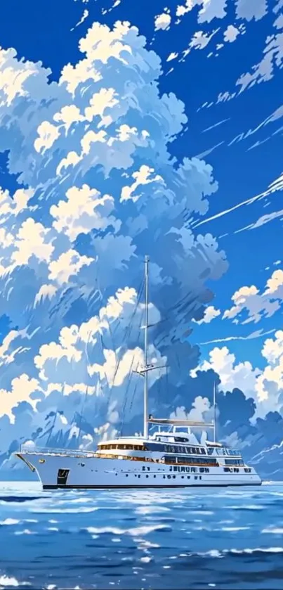 Anime yacht sailing under blue skies and fluffy clouds.