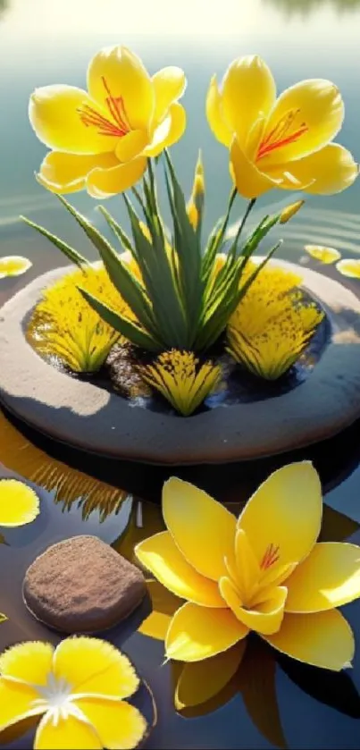 Yellow flowers reflecting on calm water surface.