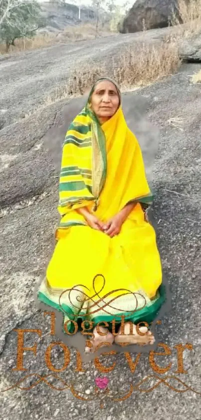 Woman in yellow saree in serene landscape, peaceful setting.