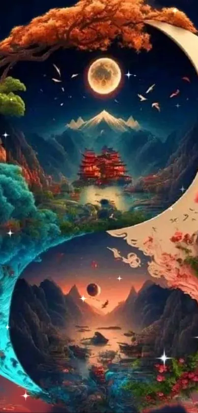 Imaginary yin-yang landscape with vibrant colors and a serene moonlit scene.