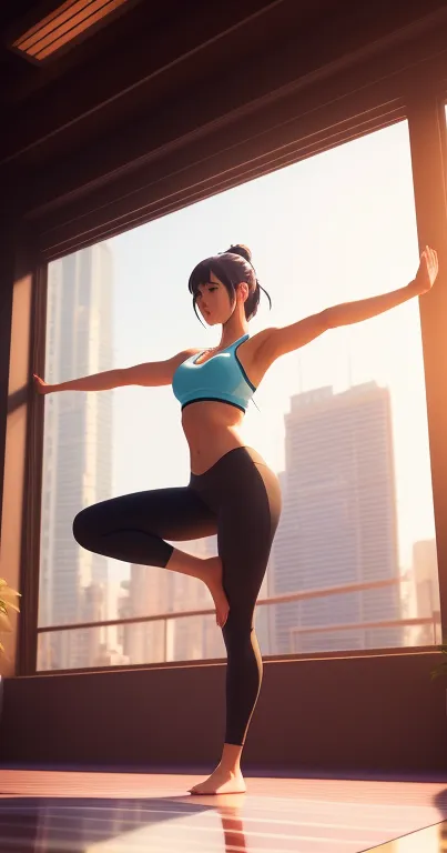 Yoga pose by a city window in morning light, displaying serenity and balance.