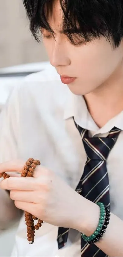 Young man with beads, in deep thought.