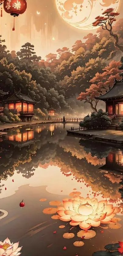 Serene Japanese water garden with reflections and pagodas.