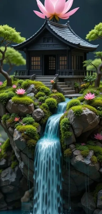 Peaceful Zen garden with waterfall and lotus flowers.