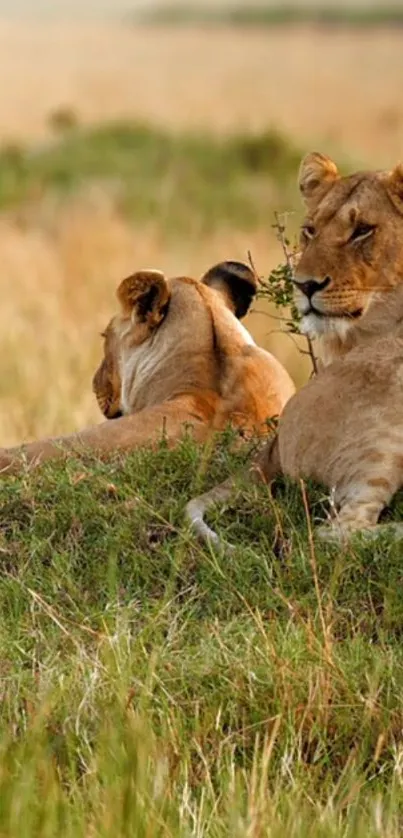 Lionesses resting in green savanna grass under a soft sunlight.