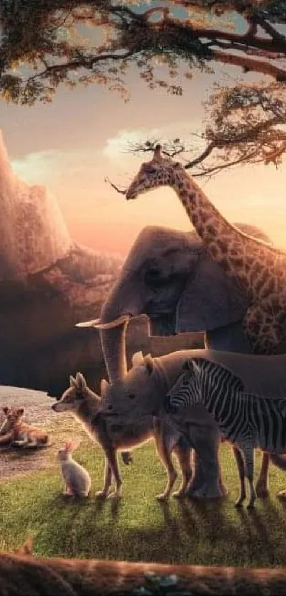 African wildlife gathered at sunset with lion, giraffe, and savannah.