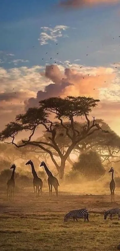 Giraffes and zebras in Serengeti at sunset.