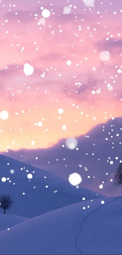 Snowy hills under pink and purple sunset sky with trees.