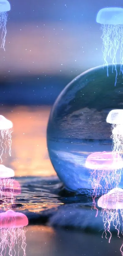 Crystal ball on a serene beach at sunset with ocean waves and twilight sky.