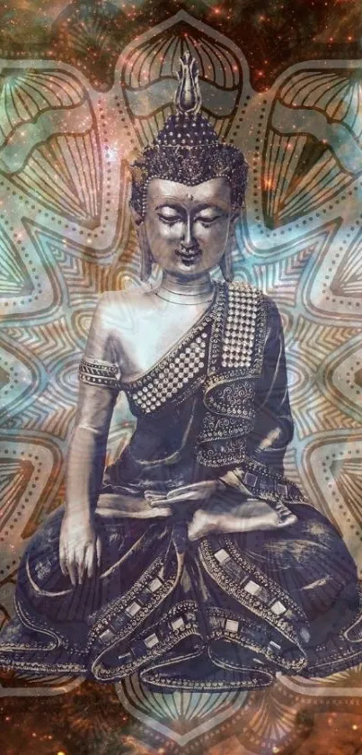 Cosmic-themed Buddha art with mandala pattern and celestial background.