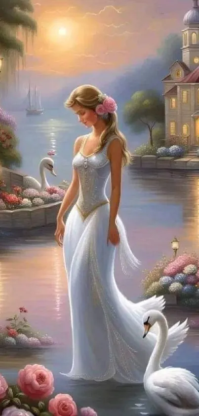 Elegant lady and swans by a serene lake at sunset.