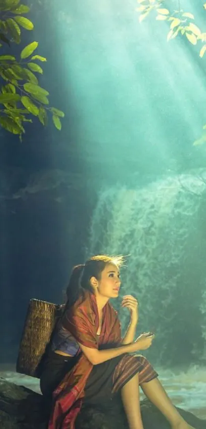 A serene woman sits by a waterfall in lush nature, bathed in sunlight.