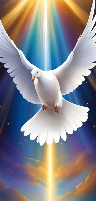 White dove soaring in vibrant beams of light against a blue sky.