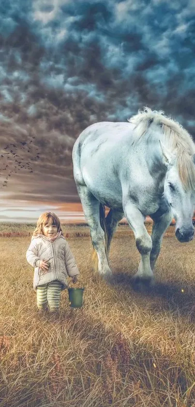 Child and white horse in sunset field, peaceful wallpaper.