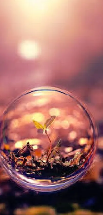 Nature scene with plant inside a bubble reflecting a sunset glow.