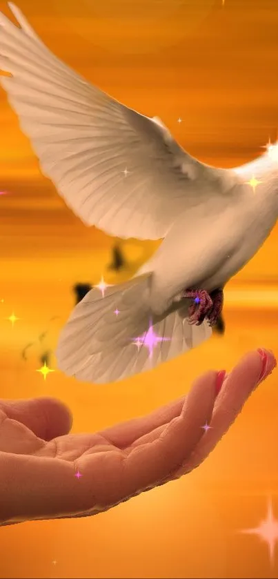 A white dove flying above a hand against a golden backdrop.