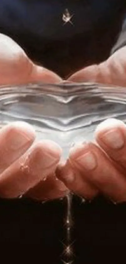 Hands holding heart-shaped reflective liquid in calming wallpaper.