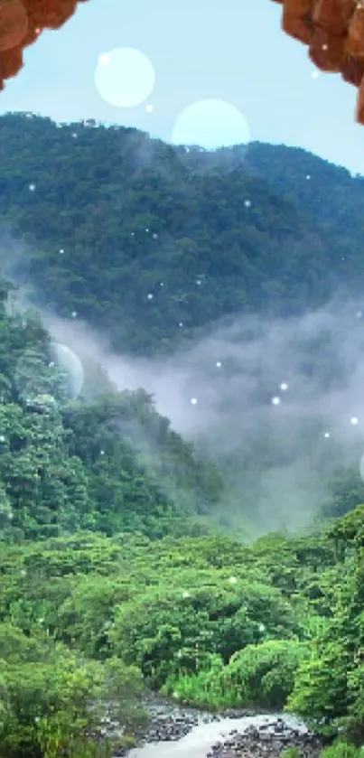 Misty green mountain landscape with serene view through an archway.