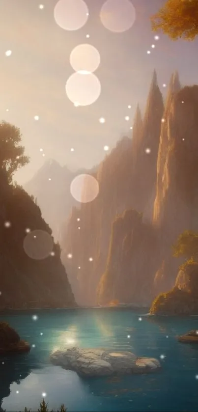 Serene mountain valley with a tranquil lake at sunrise.