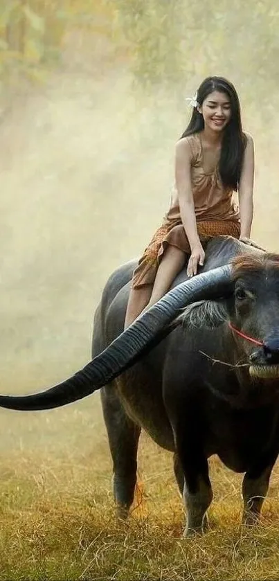 Woman peacefully riding a buffalo in a misty, serene landscape.