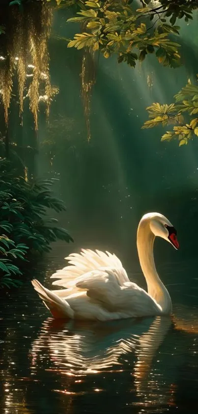 A serene swan glides on a tranquil sunlit lake surrounded by nature.