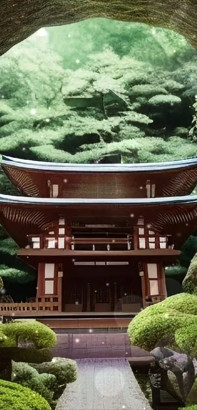 Japanese temple surrounded by lush greenery.