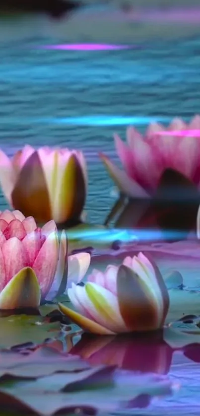 Serene pink water lilies float on calm blue water.