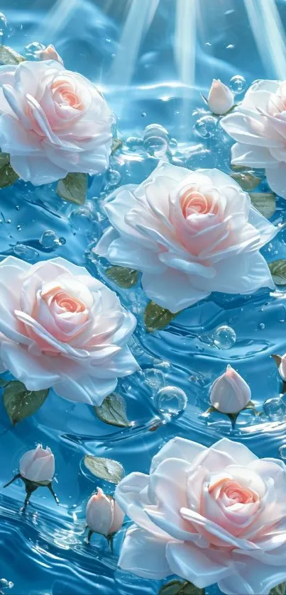 Pink roses on blue water with sunlight.