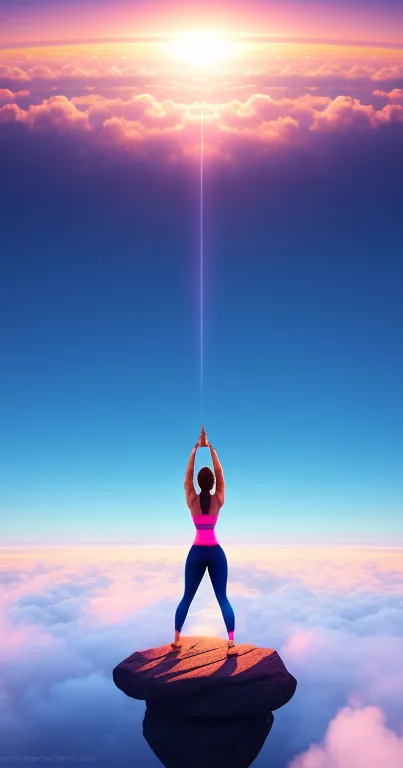 Yoga on mountain peak with vibrant sky and clouds, blue and pink hues.