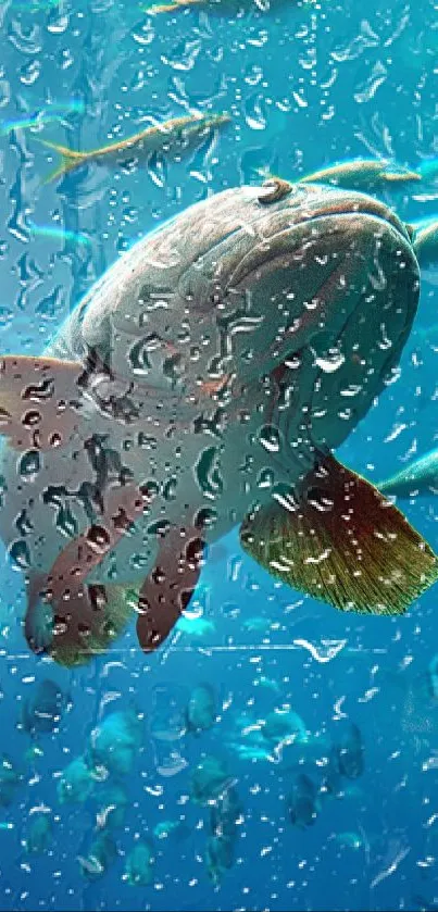 A serene underwater view of a fish swimming through droplets.