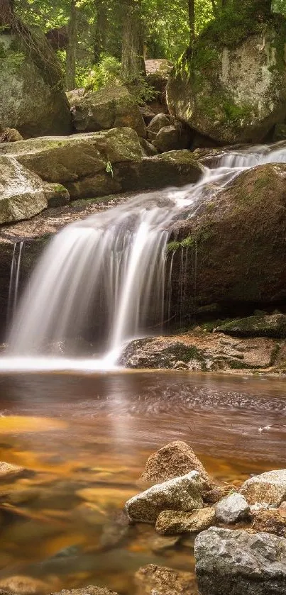 Serene waterfall amidst lush greenery mobile wallpaper.