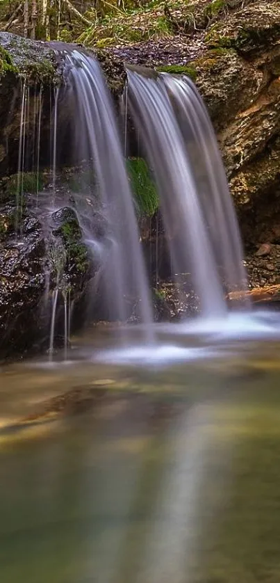 Serene waterfall with lush green scenery.