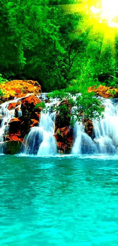 Vibrant waterfall with lush greenery and sunlight in the background.