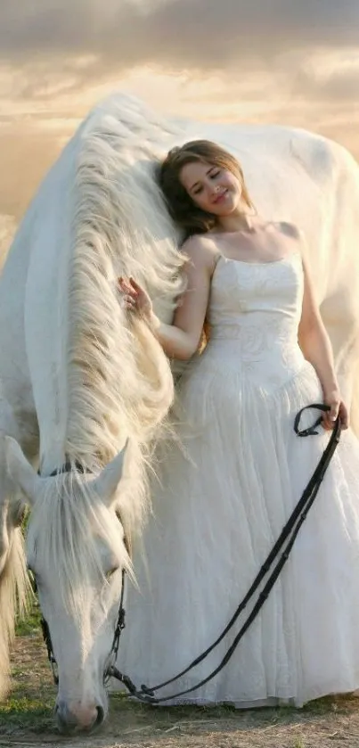 Woman in white dress leaning against a white horse with sunset background.