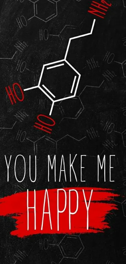 Serotonin molecule with 'You Make Me Happy' text on black background.