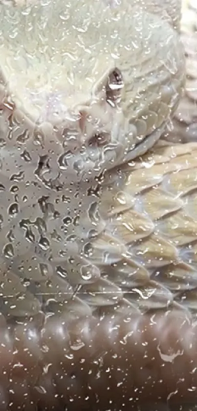 Close-up of snake behind raindrop-covered glass.