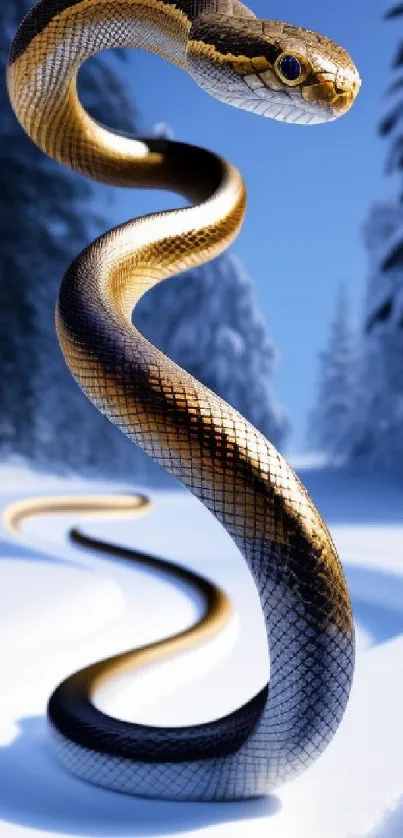 Snake elegantly coiling through a snowy forest landscape with a clear blue sky.