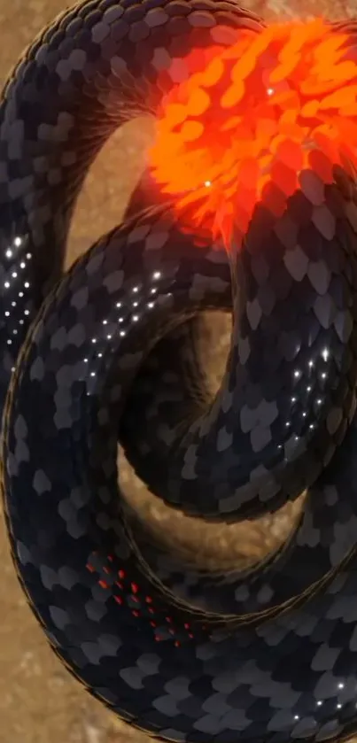 Intricate knot of a glowing serpent with a fiery red center.