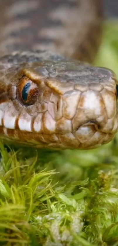 Close-up of a snake resting on green moss.