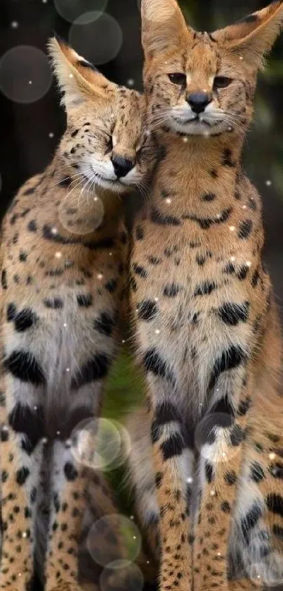 Two serval cats standing together in natural habitat.