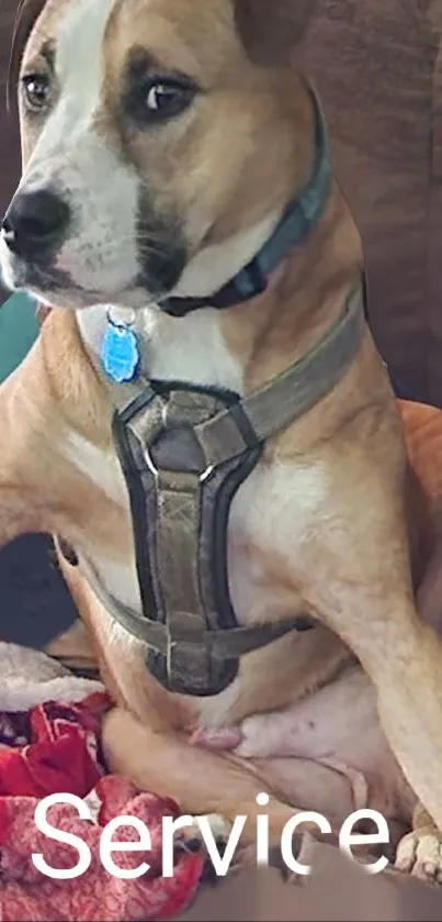 Service dog in harness on a brown sofa.