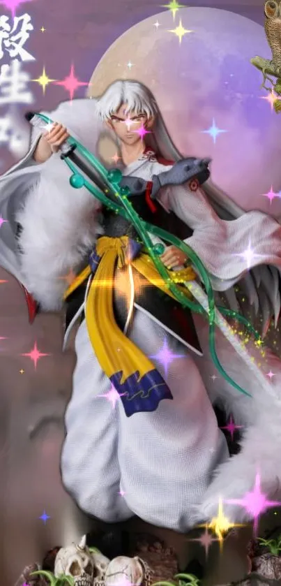 Anime character Sesshomaru with magical elements and vibrant colors.