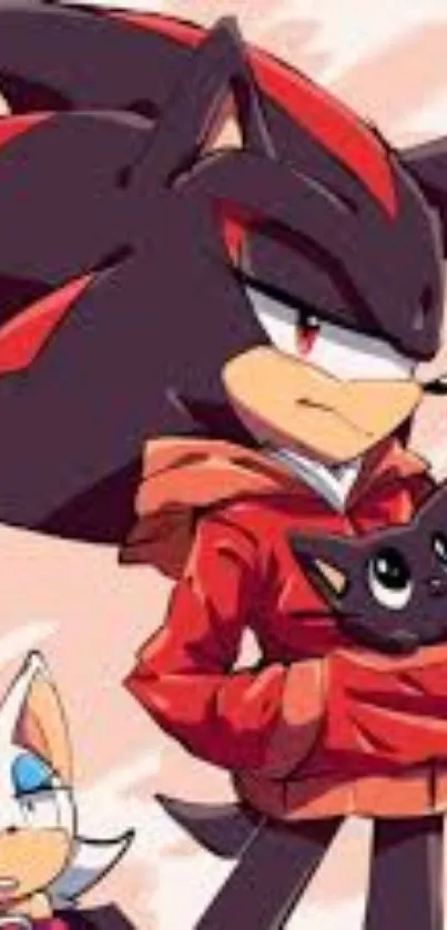 Animated black hedgehog in red hoodie holding a cat.