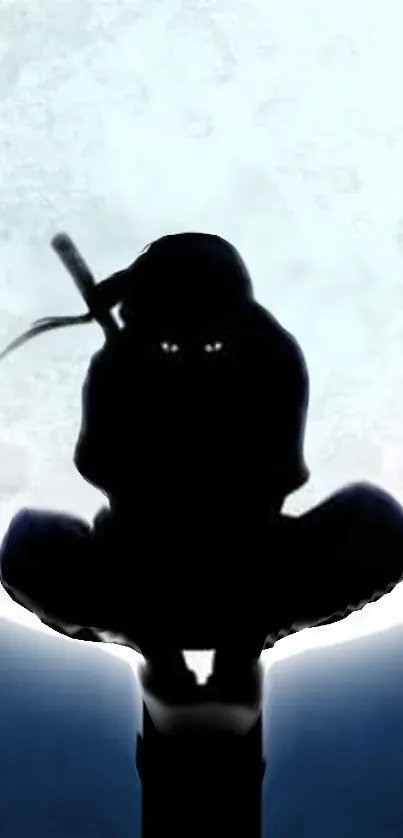 Ninja silhouette perched under a glowing full moon with a dark blue night sky.