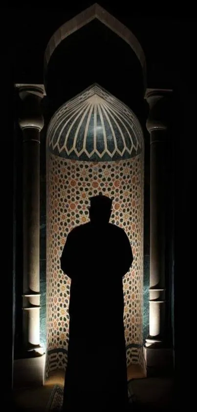 Silhouette against an art-deco patterned background.