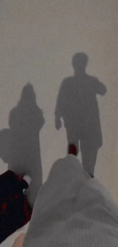 Shadows of two figures walking on pavement.