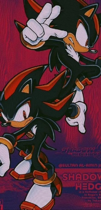 Artwork of Shadow the Hedgehog on a crimson background.