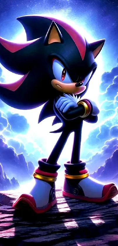 Epic Shadow the Hedgehog standing heroically against a dramatic night sky.